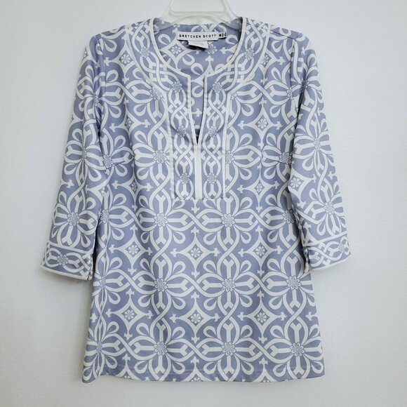 Gretchen Scott Split Neck 3/4 Sleeve Blouse in Piazza Pale Blue Size Medium - Picture 2 of 10